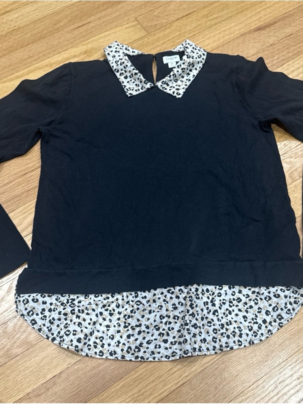 J. Crew Black long sleeve with Leopard-Print Collar & Hem